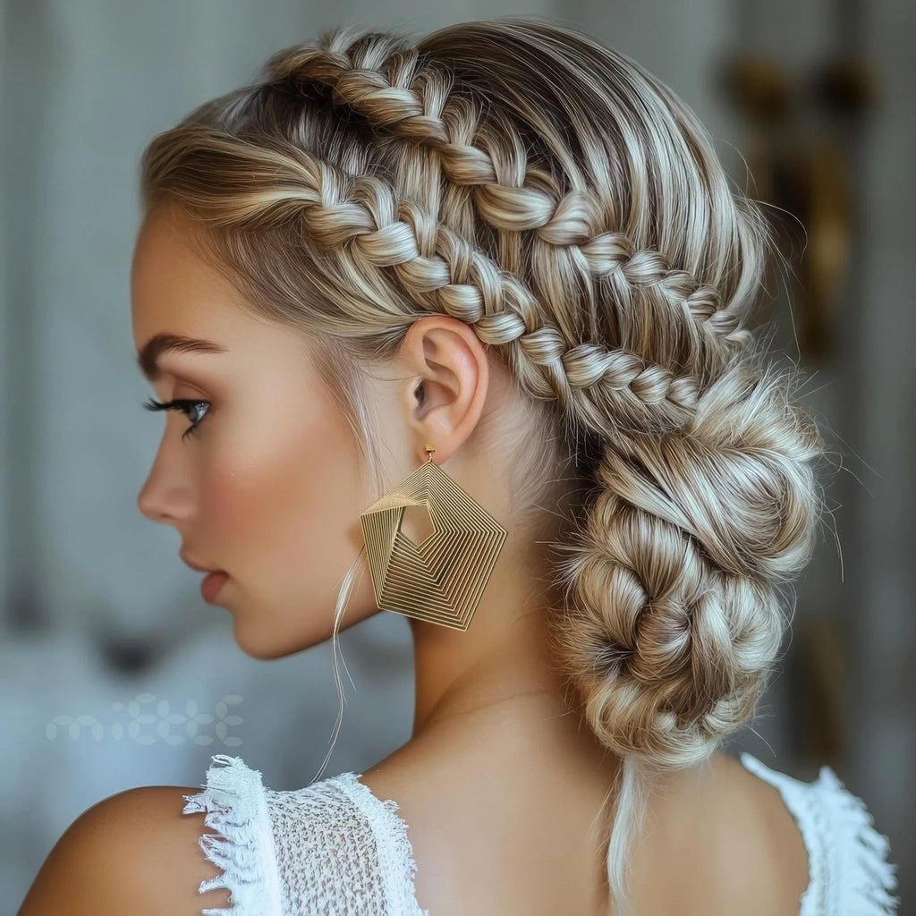 Woman with intricate braided updo wearing large geometric gold earrings