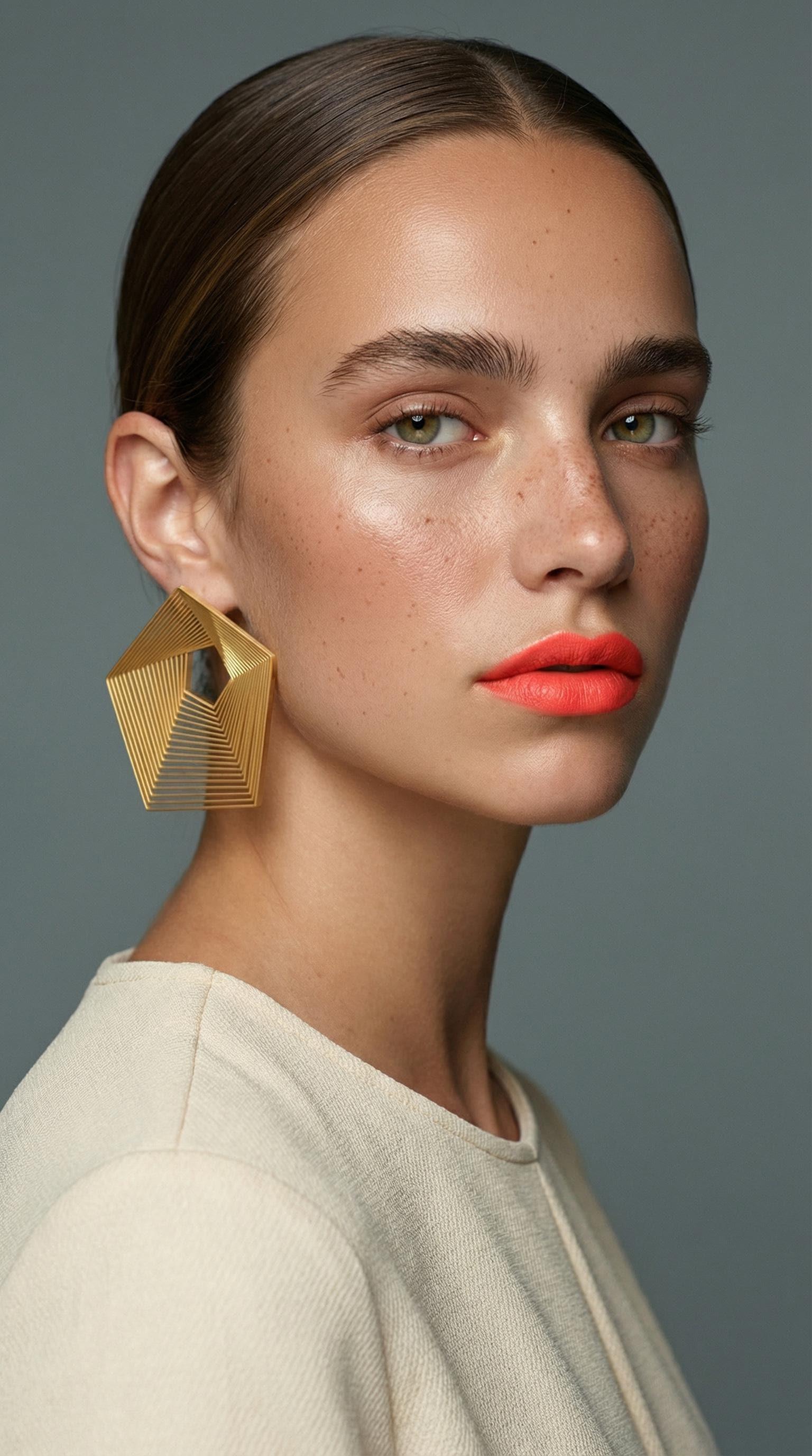 Woman wearing geometric gold statement earring and cream top against gray background