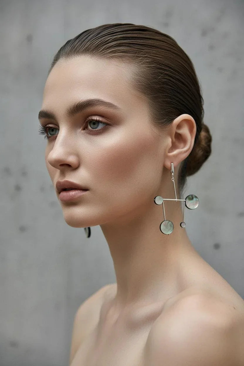 Woman wearing modern geometric silver statement earrings, minimalist jewelry look