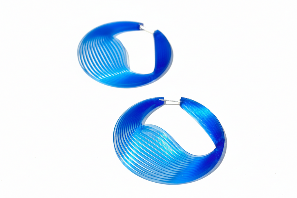 Blue big earrings transparent linear arty